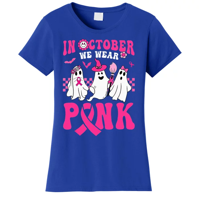 Groovy Wear Pink Breast Cancer Warrior Ghost Halloween Women's T-Shirt