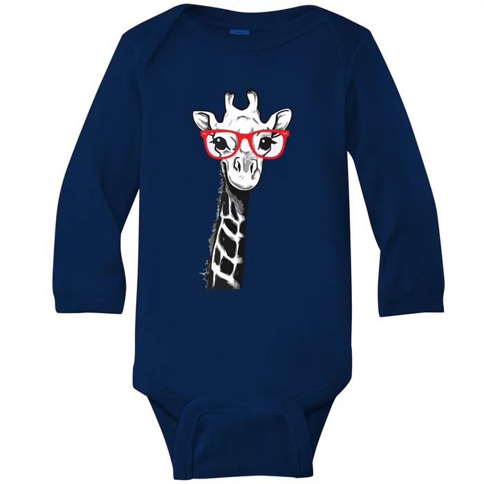 Giraffe With Red Glasses Gift For Zoo Animal Lovers Baby Long Sleeve Bodysuit