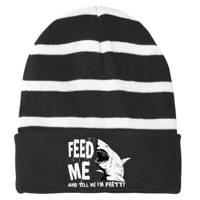 Great White Shark Feed Me Largest Predator Ocean Biologists Striped Beanie with Solid Band