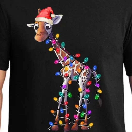 Giraffe Wearing Santa Hat Christmas Lights Graphic Animal Lover Pajama Set