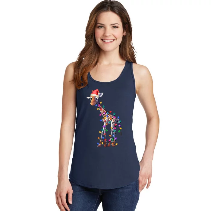 Giraffe Wearing Santa Hat Christmas Lights Graphic Animal Lover Ladies Essential Tank