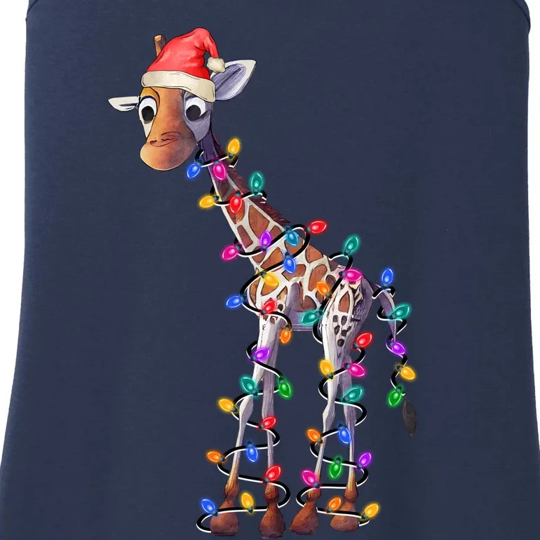 Giraffe Wearing Santa Hat Christmas Lights Graphic Animal Lover Ladies Essential Tank