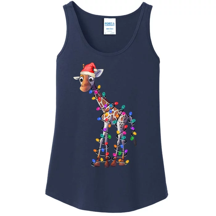 Giraffe Wearing Santa Hat Christmas Lights Graphic Animal Lover Ladies Essential Tank