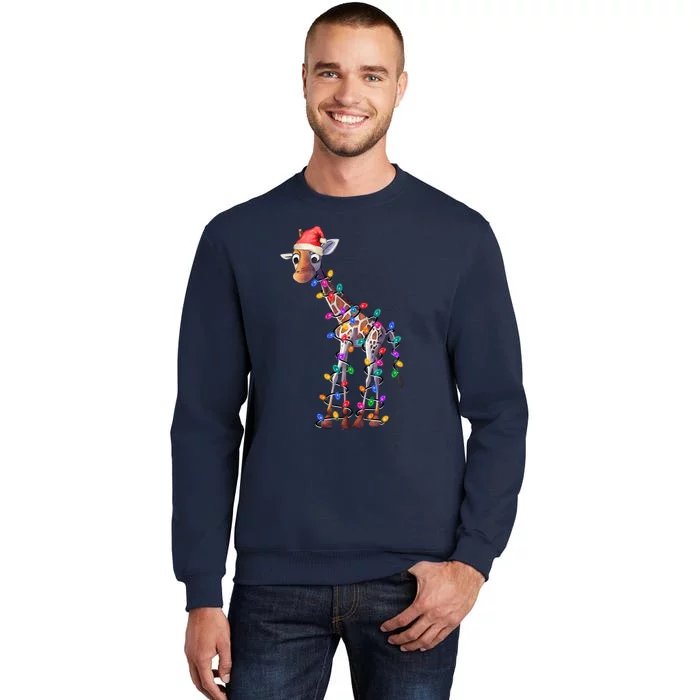 Giraffe Wearing Santa Hat Christmas Lights Graphic Animal Lover Tall Sweatshirt