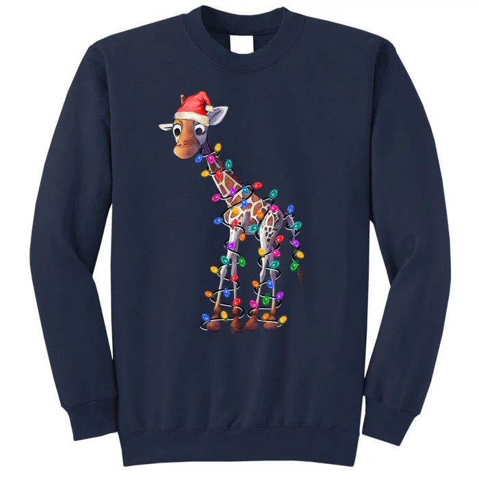 Giraffe Wearing Santa Hat Christmas Lights Graphic Animal Lover Tall Sweatshirt