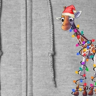 Giraffe Wearing Santa Hat Christmas Lights Graphic Animal Lover Full Zip Hoodie