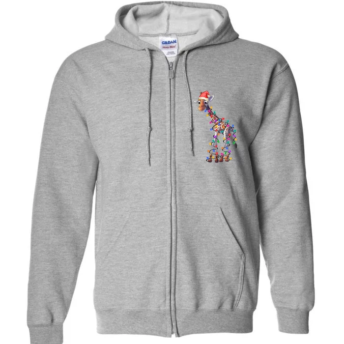 Giraffe Wearing Santa Hat Christmas Lights Graphic Animal Lover Full Zip Hoodie