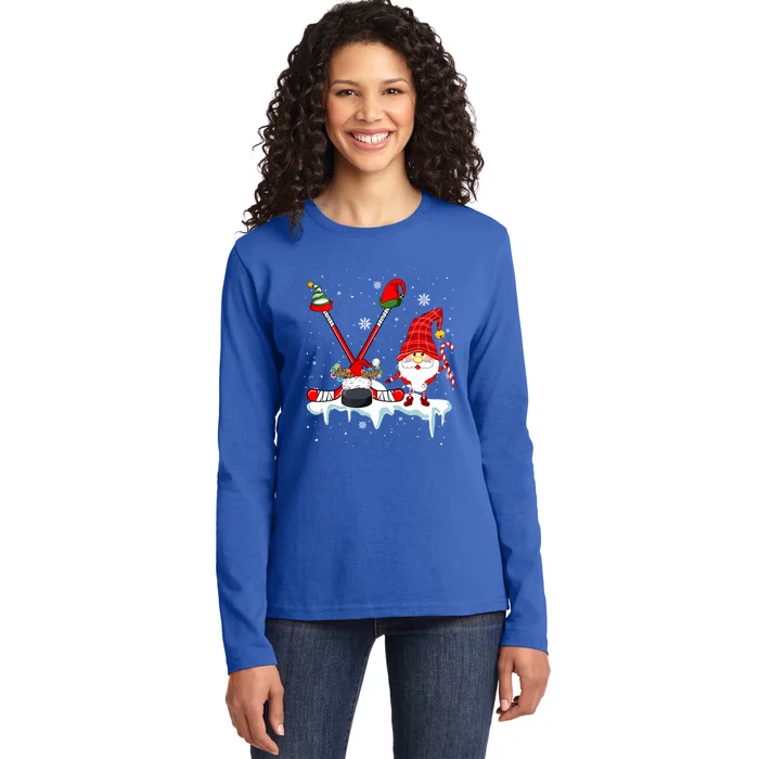 Gnome With Santa Elf Reindeer Hockey Tools Xmas Player Gift Ladies Long Sleeve Shirt