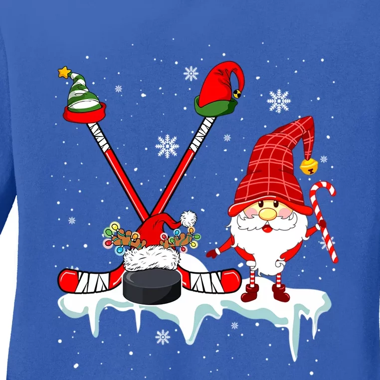 Gnome With Santa Elf Reindeer Hockey Tools Xmas Player Gift Ladies Long Sleeve Shirt