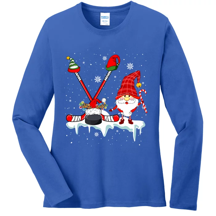 Gnome With Santa Elf Reindeer Hockey Tools Xmas Player Gift Ladies Long Sleeve Shirt