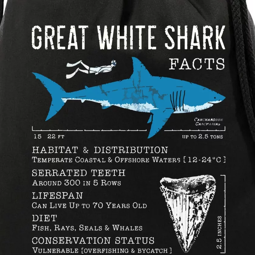 Great White Shark Facts Educational Shark Lover Sharks Tooth Drawstring Bag