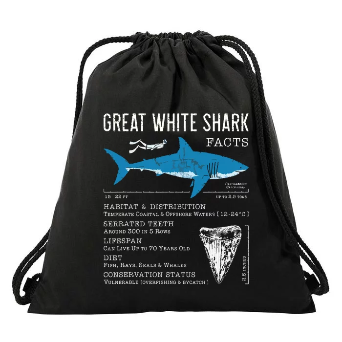 Great White Shark Facts Educational Shark Lover Sharks Tooth Drawstring Bag