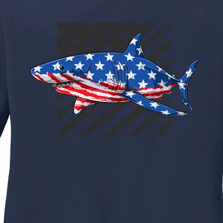 Great White Shark USA Flag Week Sharks Ladies Long Sleeve Shirt