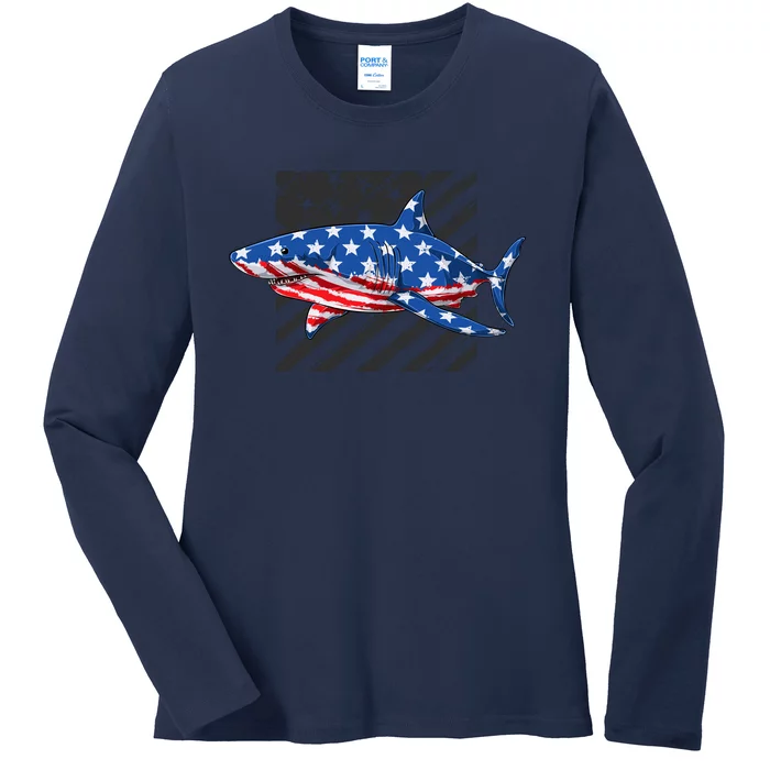 Great White Shark USA Flag Week Sharks Ladies Long Sleeve Shirt