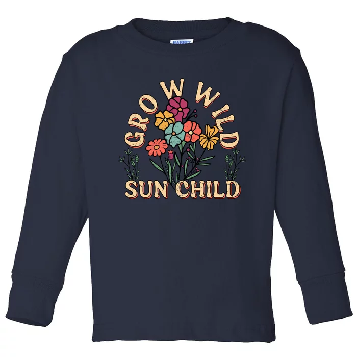 Grow Wild Sun Child Floral Typography Motivational Slogan Toddler Long Sleeve Shirt