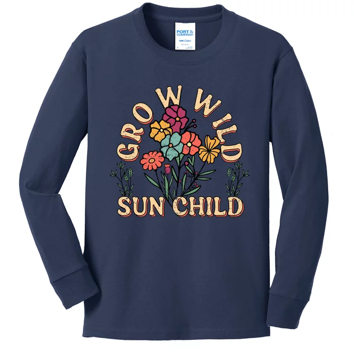 Grow Wild Sun Child Floral Typography Motivational Slogan Kids Long Sleeve Shirt