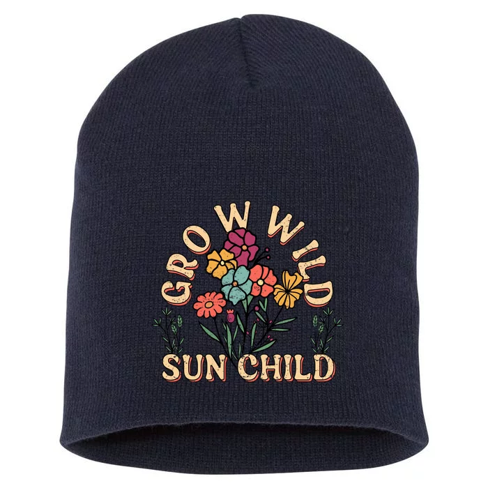 Grow Wild Sun Child Floral Typography Motivational Slogan Short Acrylic Beanie