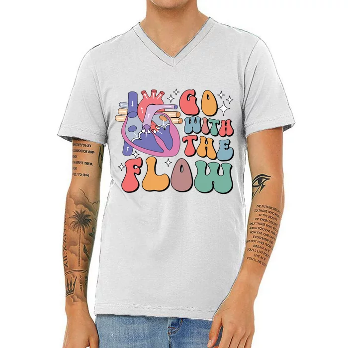 Go With The Flow Retro Cvicu Cardiac Nurse Heart Flow V-Neck T-Shirt