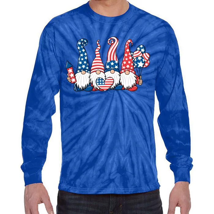 Gnomes With Usa American Flag 4th Of July Gift Tie-Dye Long Sleeve Shirt