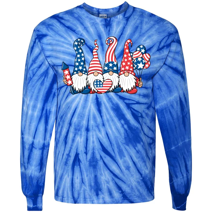 Gnomes With Usa American Flag 4th Of July Gift Tie-Dye Long Sleeve Shirt