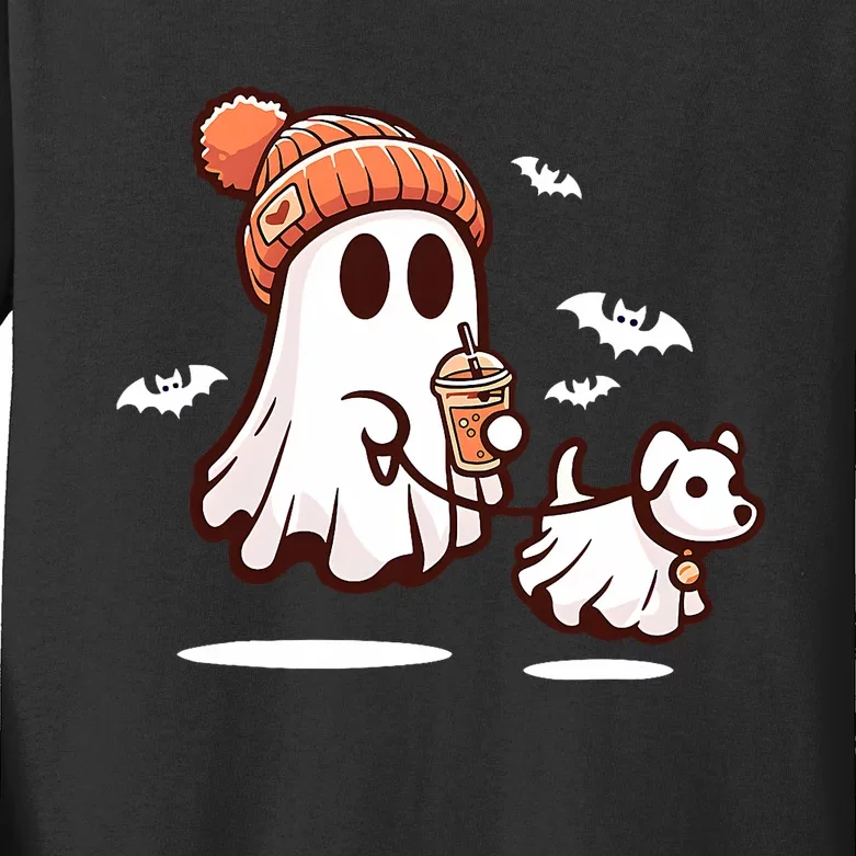 Ghost With Walking Dog Halloween Kids Long Sleeve Shirt