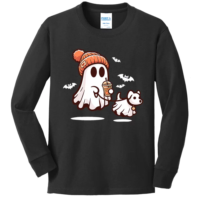 Ghost With Walking Dog Halloween Kids Long Sleeve Shirt