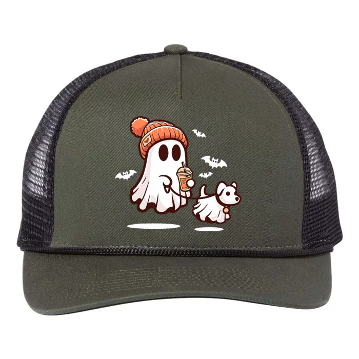 Ghost With Walking Dog Halloween Retro Rope Trucker Hat Cap