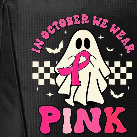 Groovy We Wear Pink Breast Cancer Awareness Ghost Halloween City Backpack