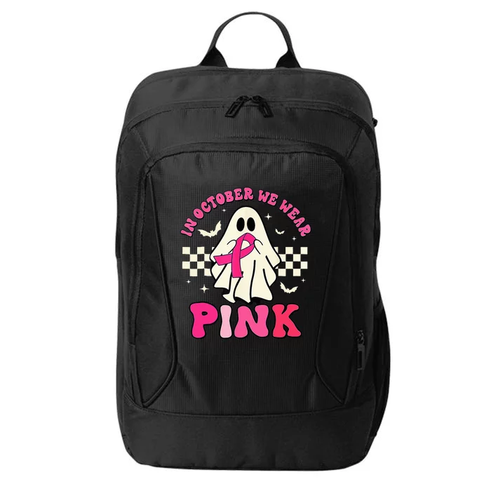 Groovy We Wear Pink Breast Cancer Awareness Ghost Halloween City Backpack