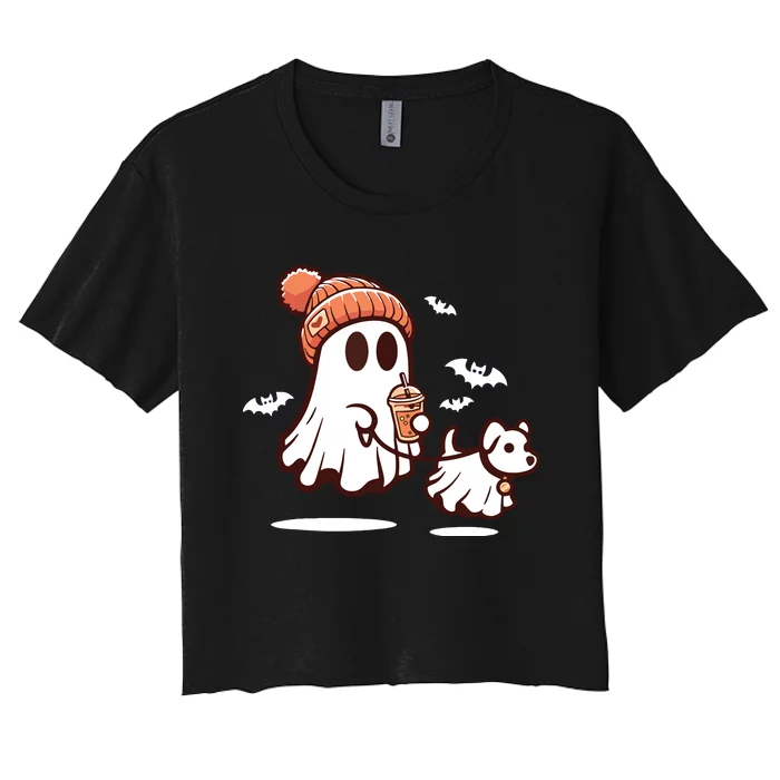 Ghost With Walking Dog Halloween Women's Crop Top Tee