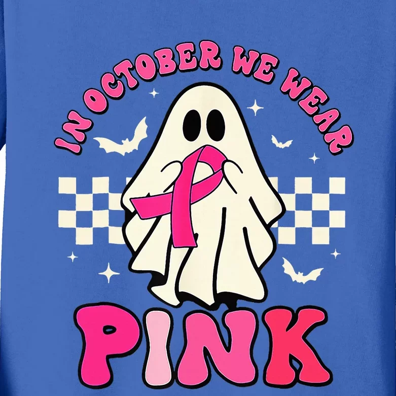 Groovy We Wear Pink Breast Cancer Awareness Ghost Halloween Kids Long Sleeve Shirt