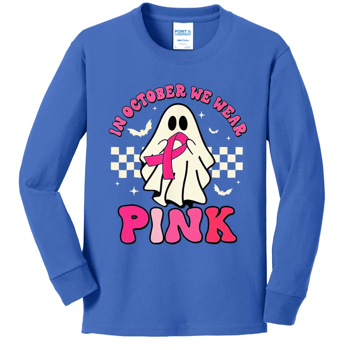 Groovy We Wear Pink Breast Cancer Awareness Ghost Halloween Kids Long Sleeve Shirt