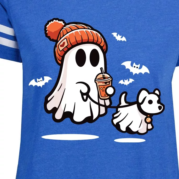 Ghost With Walking Dog Halloween Enza Ladies Jersey Football T-Shirt