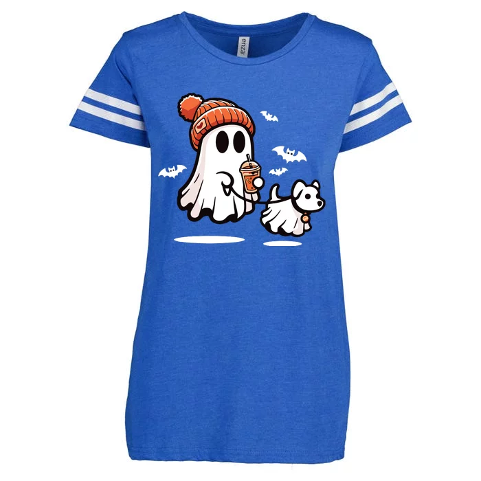 Ghost With Walking Dog Halloween Enza Ladies Jersey Football T-Shirt