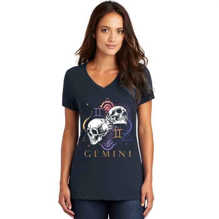 Gemini Witchcraft Zodiac Signs Art Skull Constellation Women's V-Neck T-Shirt