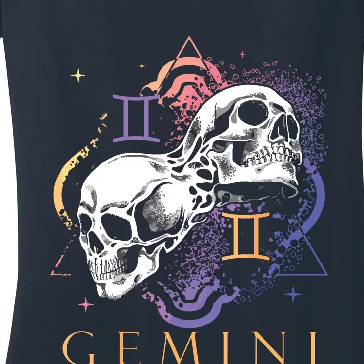 Gemini Witchcraft Zodiac Signs Art Skull Constellation Women's V-Neck T-Shirt