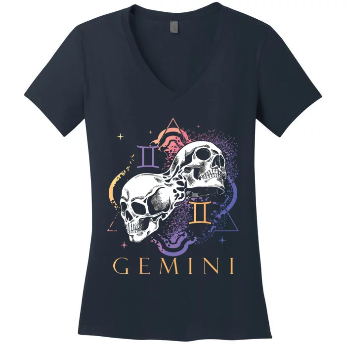 Gemini Witchcraft Zodiac Signs Art Skull Constellation Women's V-Neck T-Shirt