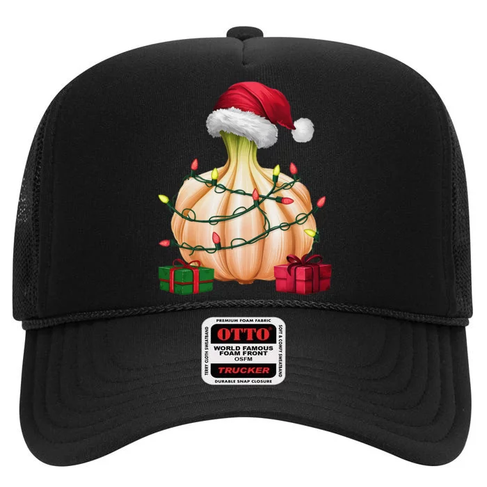 Garlic Xmas Lighting Santa Hat Garlic Christmas High Crown Mesh Trucker Hat