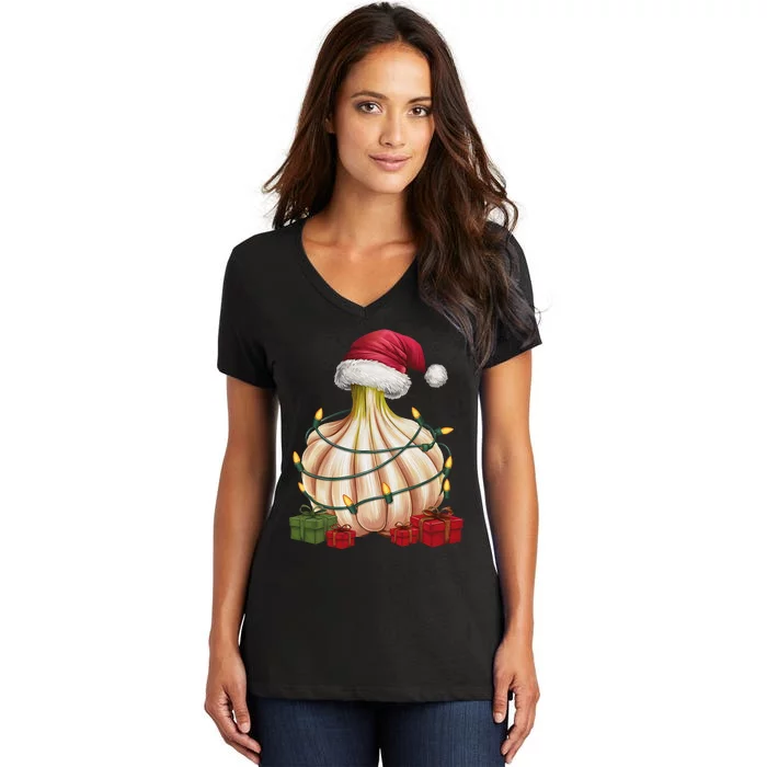 Garlic Xmas Lighting Santa Hat Garlic Christmas Women's V-Neck T-Shirt