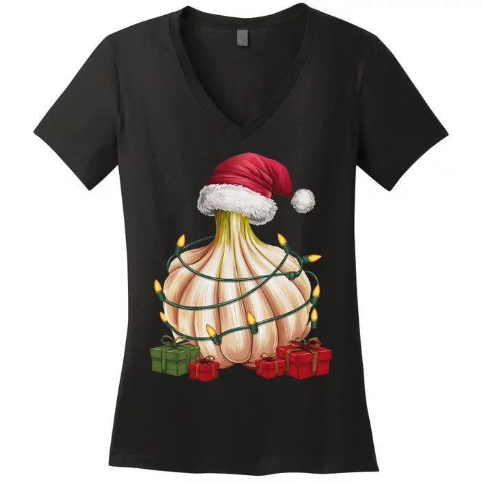 Garlic Xmas Lighting Santa Hat Garlic Christmas Women's V-Neck T-Shirt