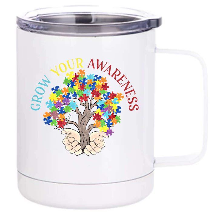 Grow Your Awareness Autism Puzzle Tree Meaningful Gift Front & Back 12oz Stainless Steel Tumbler Cup