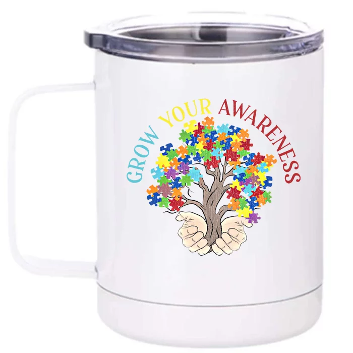 Grow Your Awareness Autism Puzzle Tree Meaningful Gift Front & Back 12oz Stainless Steel Tumbler Cup