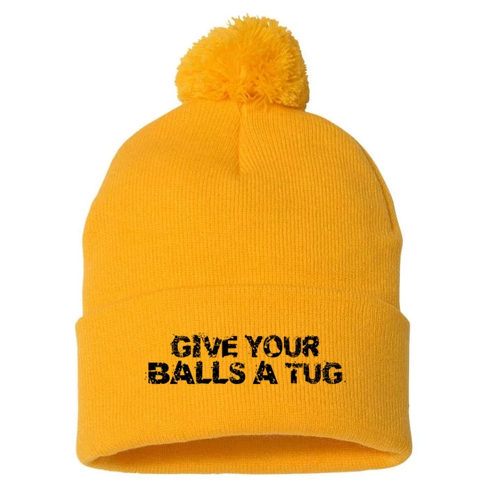 Give Your Balls A Tug Funny Hockey Trash Talk Gag Gift Pom Pom 12in Knit Beanie