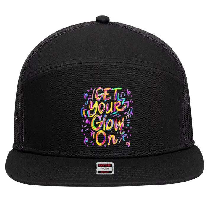 Get Your Glow On 80s Music Party 7 Panel Mesh Trucker Snapback Hat