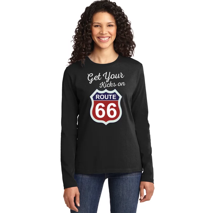 Get Your Kicks Route 66 Distressed 60S Ladies Long Sleeve Shirt