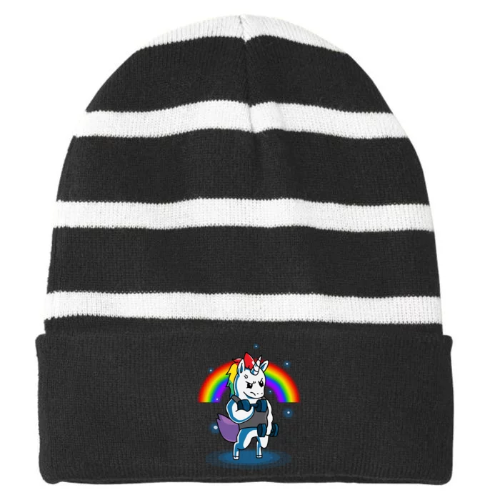 Gym Unicorn Weightlifting Striped Beanie with Solid Band