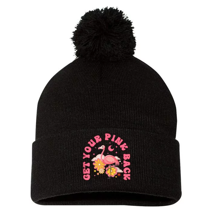 Get Your Pink Back Funny Flamingo Pom Pom 12in Knit Beanie