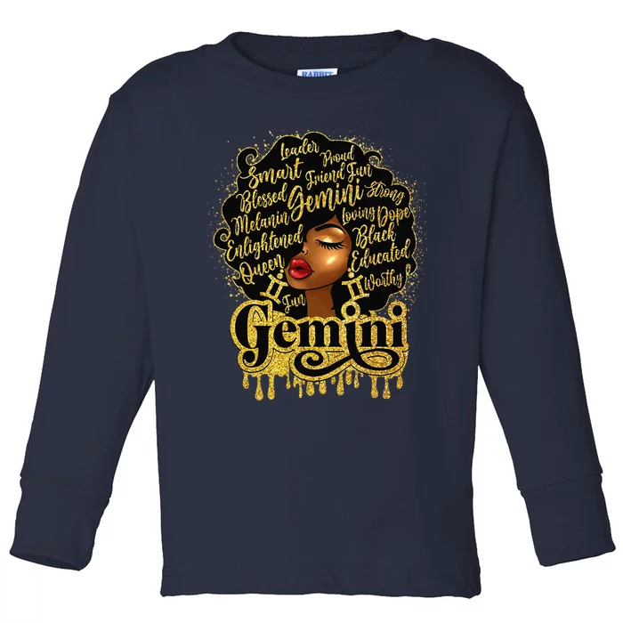 Gemini Zodiac Sign Birthday Queen Afro Black Toddler Long Sleeve Shirt