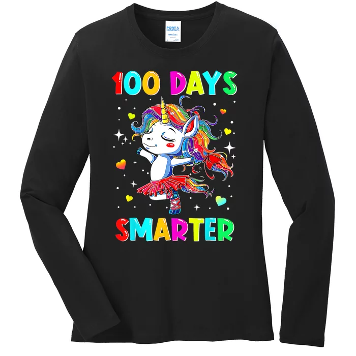 Happy 100th Day Of School Unicorn 100 Days Smarter Ladies Long Sleeve Shirt