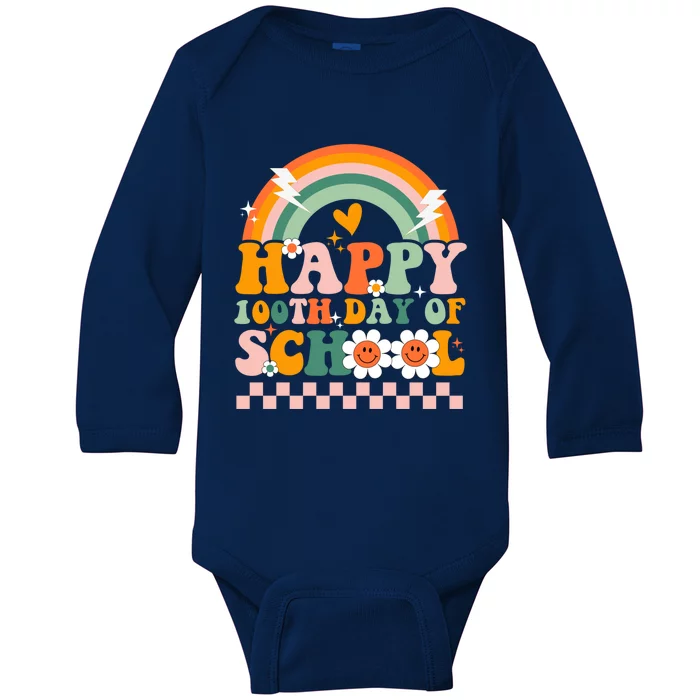 Happy 100 Days Of School Teacher Retro Groovy 100th Day Gift Baby Long Sleeve Bodysuit